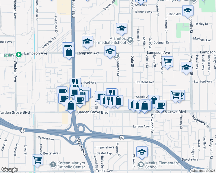 map of restaurants, bars, coffee shops, grocery stores, and more near 12771 Jackson Street in Garden Grove
