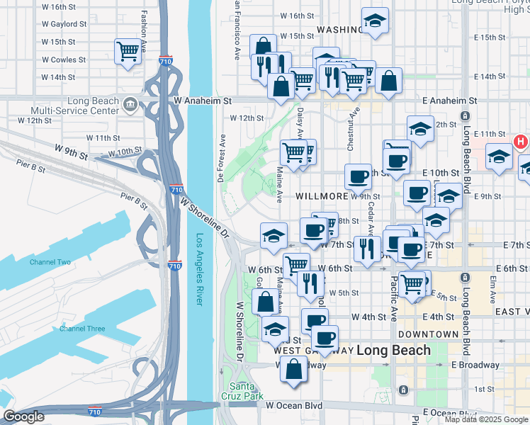 map of restaurants, bars, coffee shops, grocery stores, and more near 743 North Loma Vista Drive in Long Beach