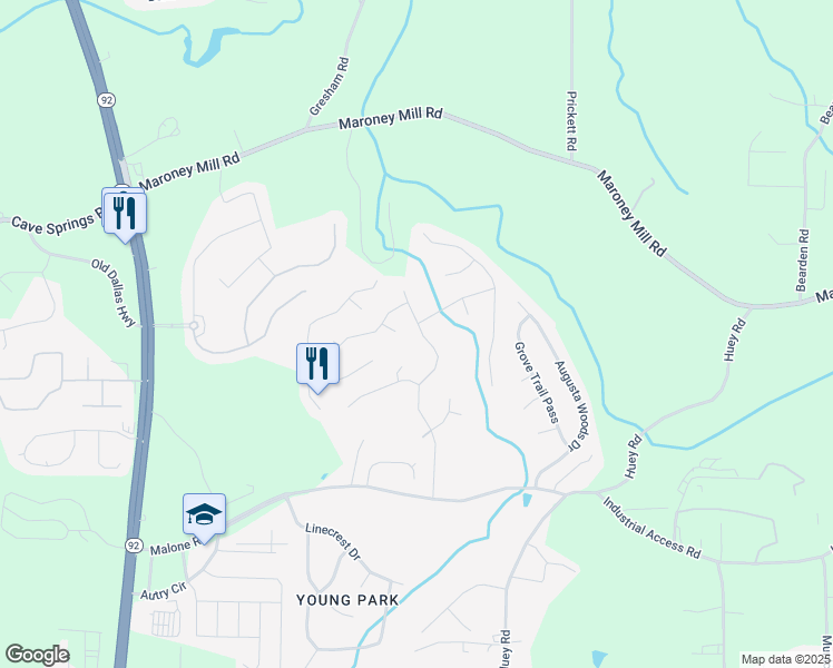map of restaurants, bars, coffee shops, grocery stores, and more near 7345 Hunters Ridge Drive in Douglasville