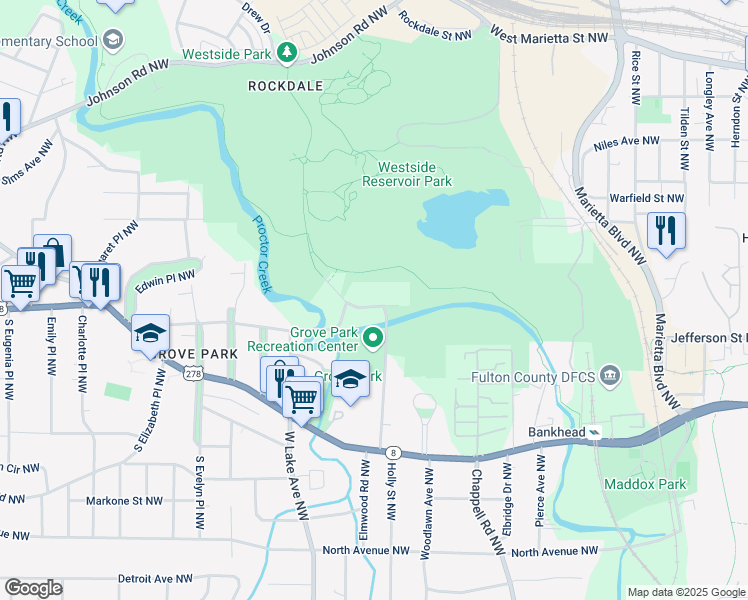 map of restaurants, bars, coffee shops, grocery stores, and more near 19 Grove Park Place Northwest in Atlanta