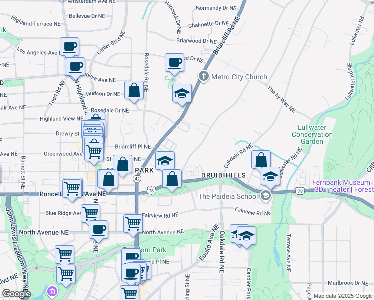 map of restaurants, bars, coffee shops, grocery stores, and more near 818 Springdale Road Northeast in Atlanta