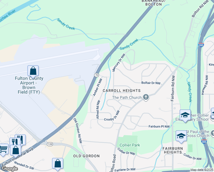 map of restaurants, bars, coffee shops, grocery stores, and more near 843 Alfred Road Northwest in Atlanta