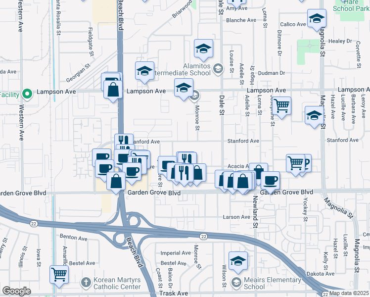 map of restaurants, bars, coffee shops, grocery stores, and more near 12772 Jackson Street in Garden Grove