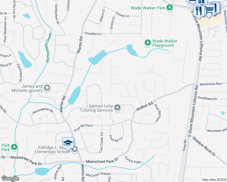 map of restaurants, bars, coffee shops, grocery stores, and more near 667 Leighton Way in Stone Mountain