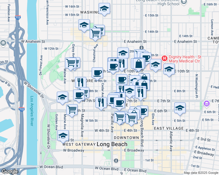 map of restaurants, bars, coffee shops, grocery stores, and more near 823 Pacific Avenue in Long Beach