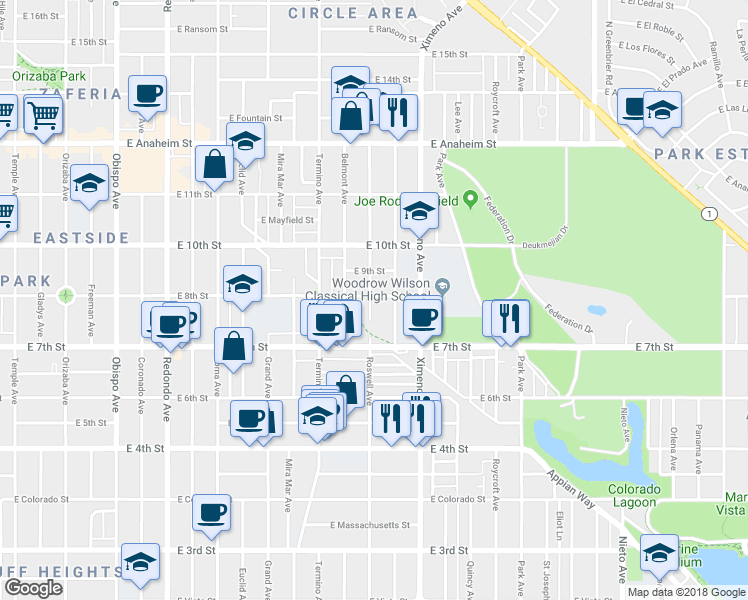 map of restaurants, bars, coffee shops, grocery stores, and more near 788 Roswell Avenue in Long Beach