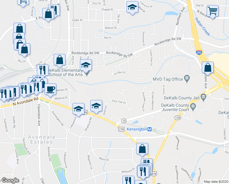 map of restaurants, bars, coffee shops, grocery stores, and more near 356 Pine Tree Circle in Decatur