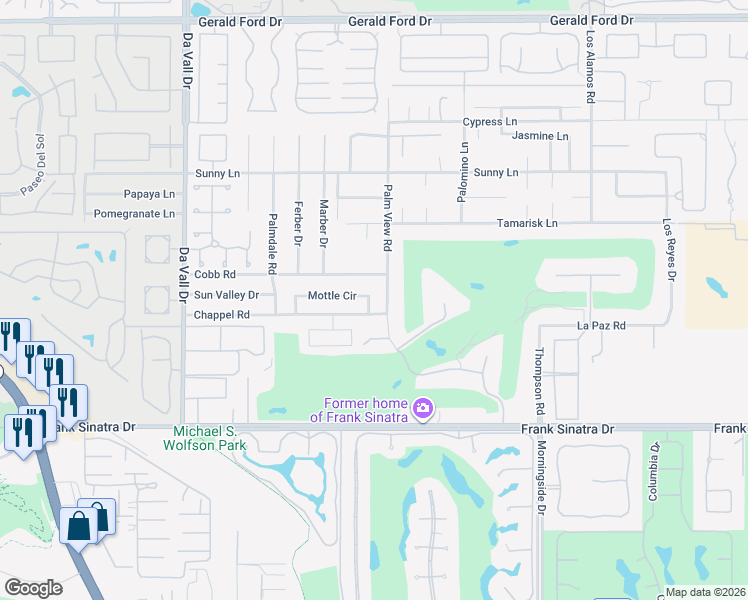 map of restaurants, bars, coffee shops, grocery stores, and more near 70480 Mottle Circle in Rancho Mirage
