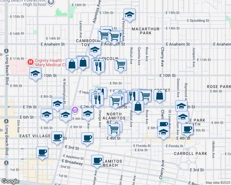 map of restaurants, bars, coffee shops, grocery stores, and more near 1350 East 8th Street in Long Beach