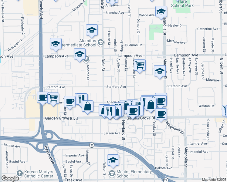 map of restaurants, bars, coffee shops, grocery stores, and more near 12772 Louise Street in Garden Grove