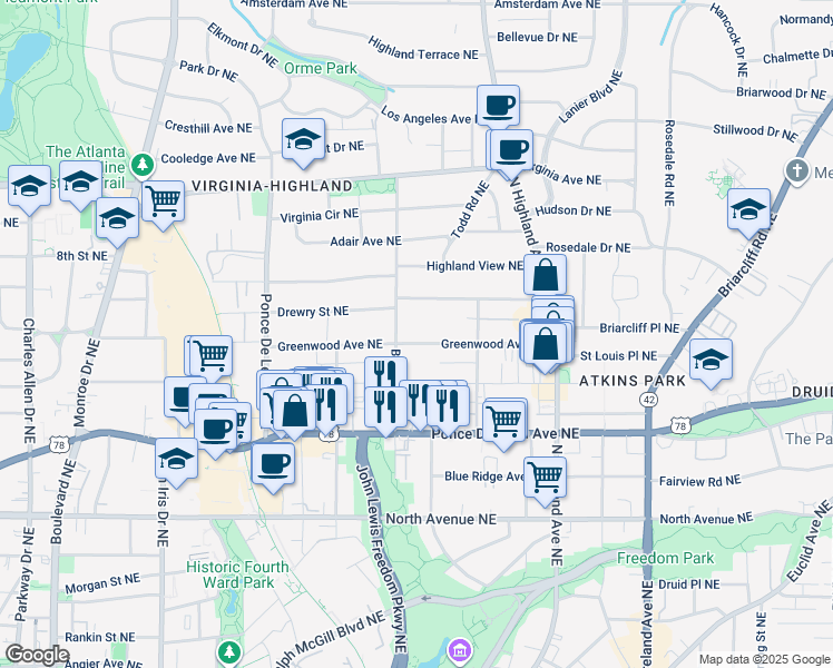 map of restaurants, bars, coffee shops, grocery stores, and more near 900 Greenwood Avenue Northeast in Atlanta