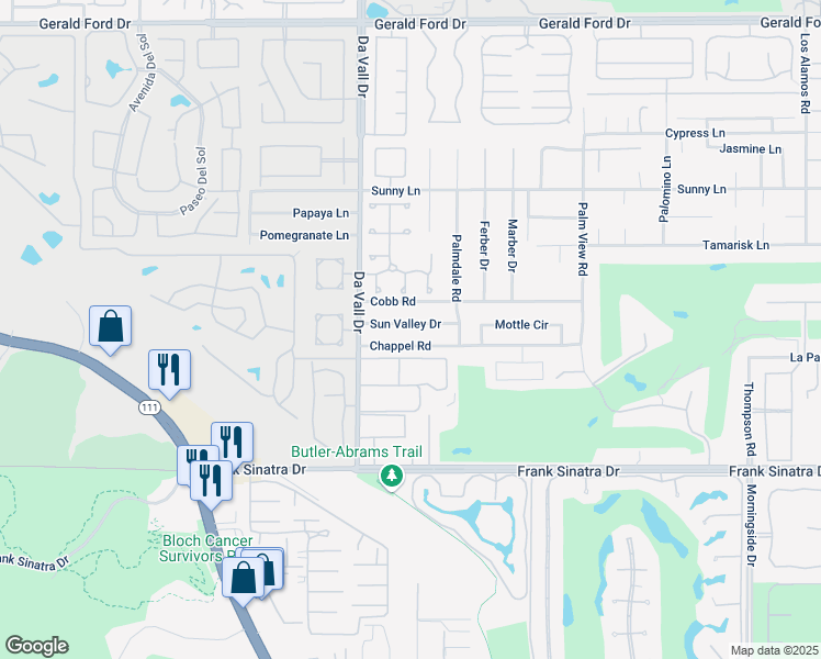map of restaurants, bars, coffee shops, grocery stores, and more near 70121 Sun Valley Drive in Rancho Mirage