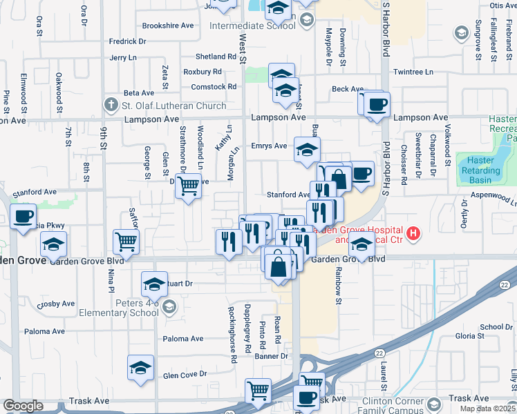 map of restaurants, bars, coffee shops, grocery stores, and more near 12063 Dunklee Lane in Garden Grove