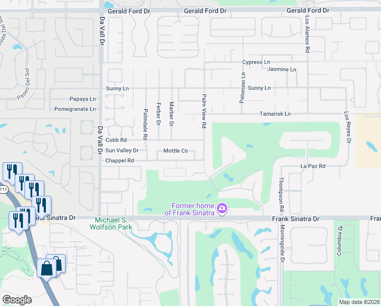 map of restaurants, bars, coffee shops, grocery stores, and more near 70425 Mottle Circle in Rancho Mirage