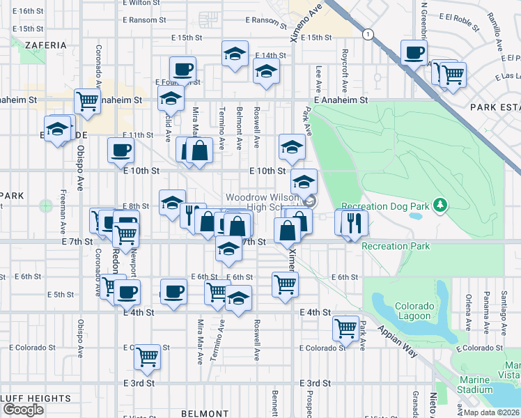 map of restaurants, bars, coffee shops, grocery stores, and more near 788 Roswell Avenue in Long Beach