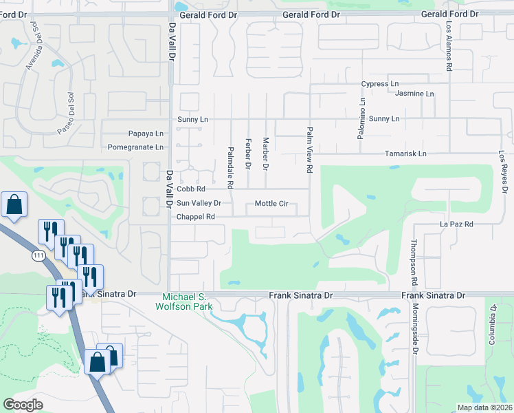 map of restaurants, bars, coffee shops, grocery stores, and more near 70305 Mottle Circle in Rancho Mirage
