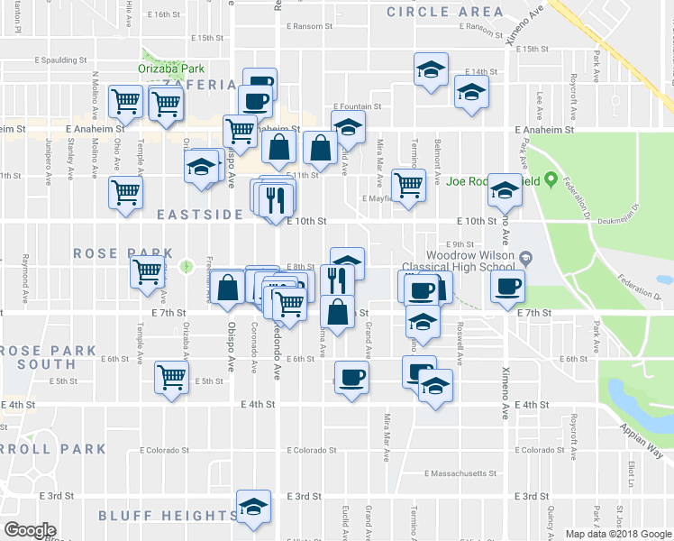 map of restaurants, bars, coffee shops, grocery stores, and more near 3624 East 8th Street in Long Beach