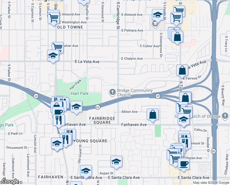 map of restaurants, bars, coffee shops, grocery stores, and more near 842 East Fairway Drive in Orange