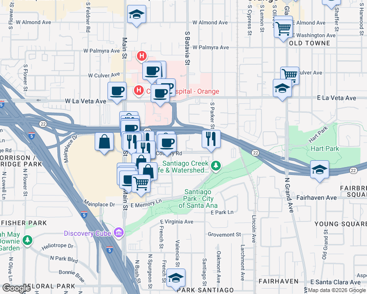 map of restaurants, bars, coffee shops, grocery stores, and more near 1055 Town and Country Road in Orange