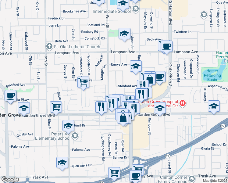 map of restaurants, bars, coffee shops, grocery stores, and more near 12063 Dunklee Lane in Garden Grove