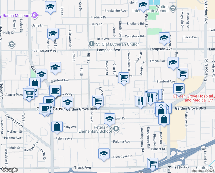map of restaurants, bars, coffee shops, grocery stores, and more near 12867 Newhope Street in Garden Grove