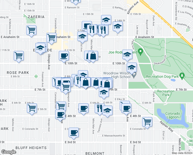 map of restaurants, bars, coffee shops, grocery stores, and more near 775 Termino Avenue in Long Beach