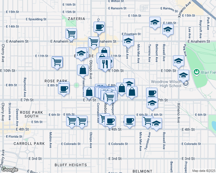 map of restaurants, bars, coffee shops, grocery stores, and more near 790 Redondo Avenue in Long Beach