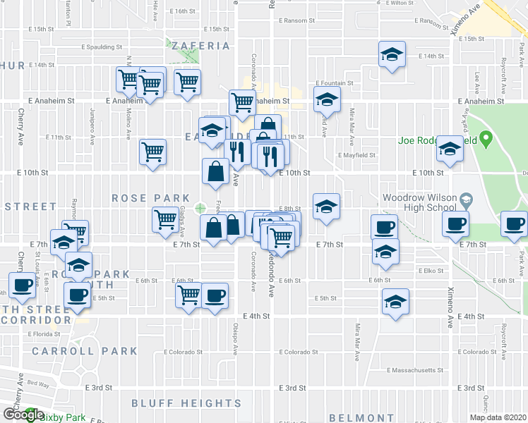 map of restaurants, bars, coffee shops, grocery stores, and more near 788 Coronado Avenue in Long Beach