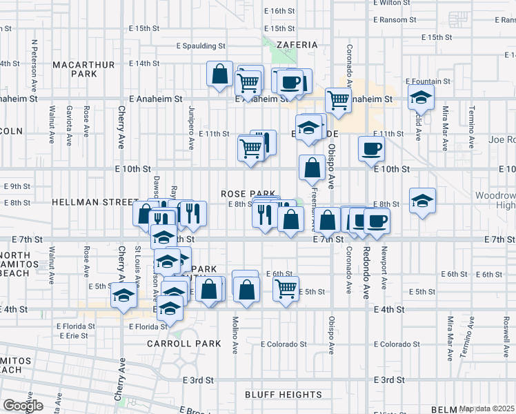 map of restaurants, bars, coffee shops, grocery stores, and more near 2720 East 8th Street in Long Beach