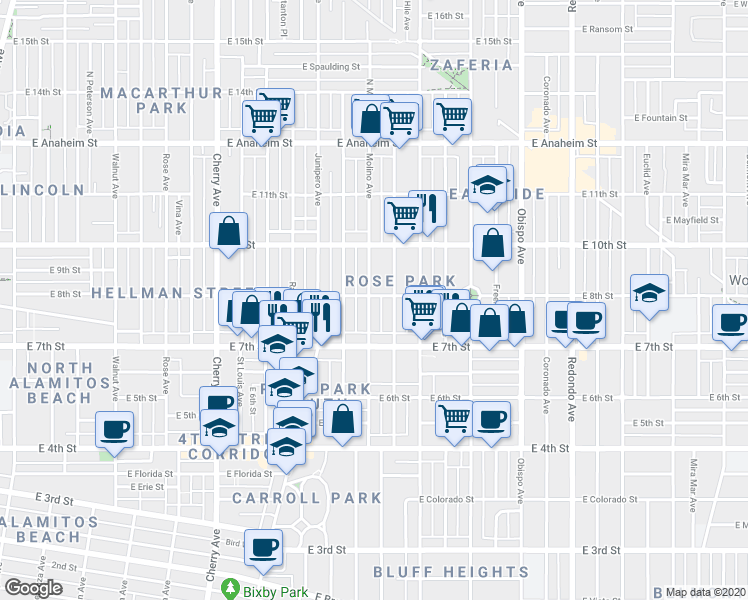 map of restaurants, bars, coffee shops, grocery stores, and more near 790 Molino Avenue in Long Beach