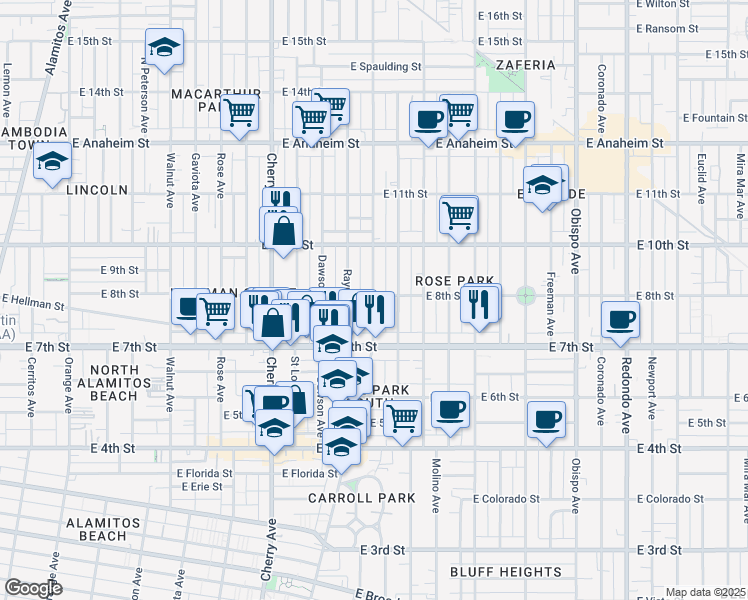 map of restaurants, bars, coffee shops, grocery stores, and more near 790 Raymond Avenue in Long Beach