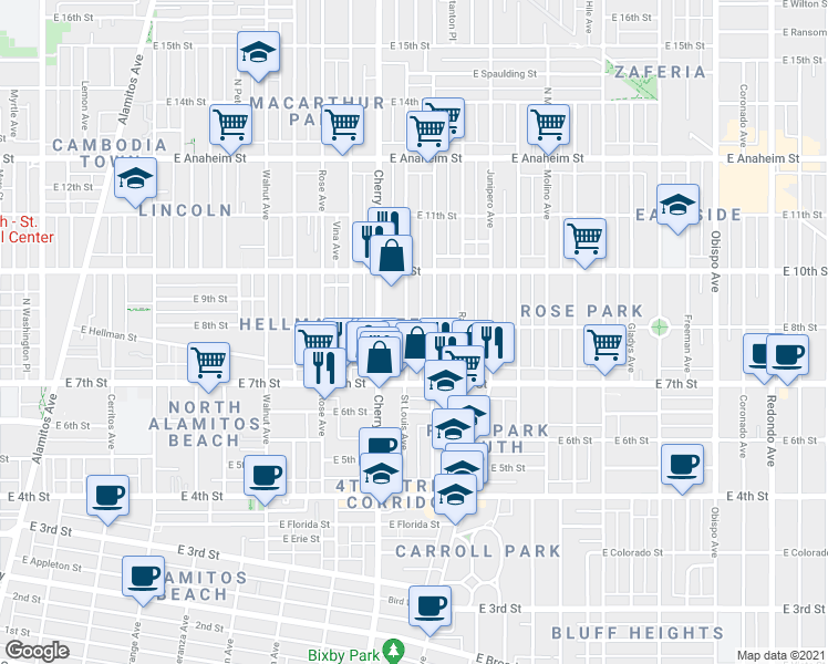 map of restaurants, bars, coffee shops, grocery stores, and more near 2082 East 8th Street in Long Beach