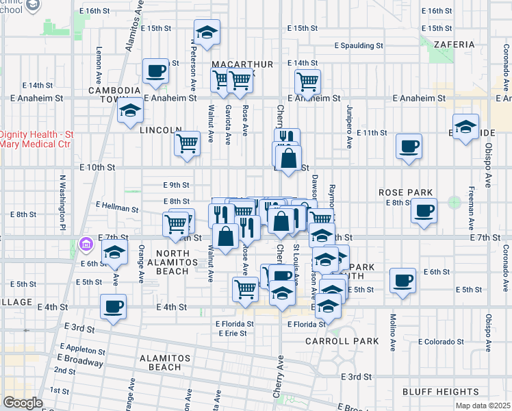 map of restaurants, bars, coffee shops, grocery stores, and more near 790 Gardenia Avenue in Long Beach