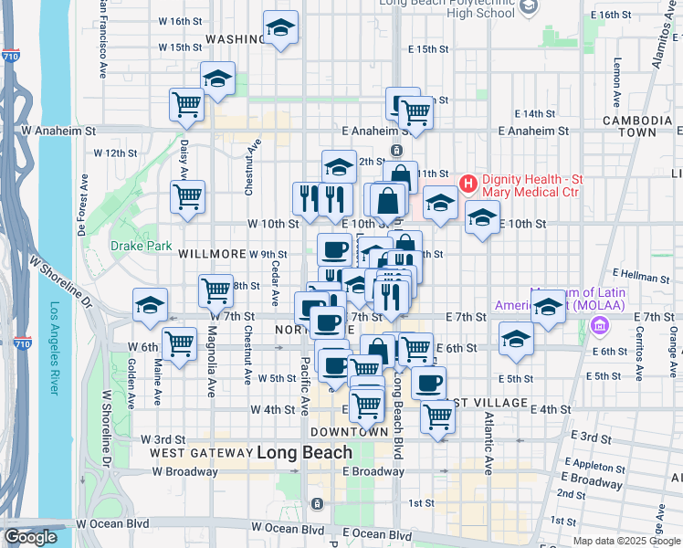 map of restaurants, bars, coffee shops, grocery stores, and more near in Long Beach