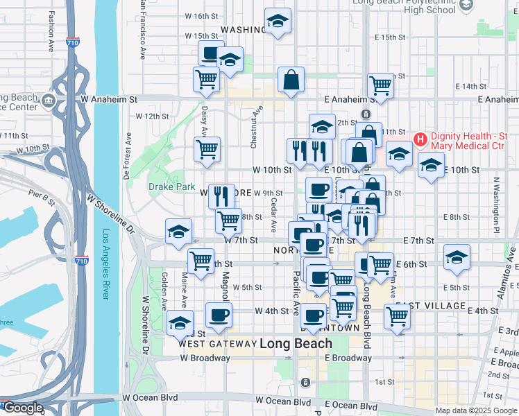 map of restaurants, bars, coffee shops, grocery stores, and more near 819 Cedar Avenue in Long Beach