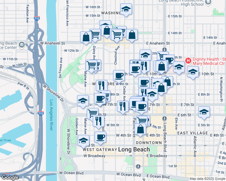 map of restaurants, bars, coffee shops, grocery stores, and more near 429 West 8th Street in Long Beach