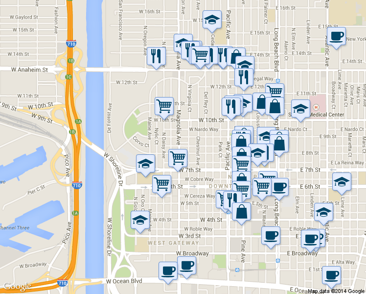 map of restaurants, bars, coffee shops, grocery stores, and more near 429 West 8th Street in Long Beach
