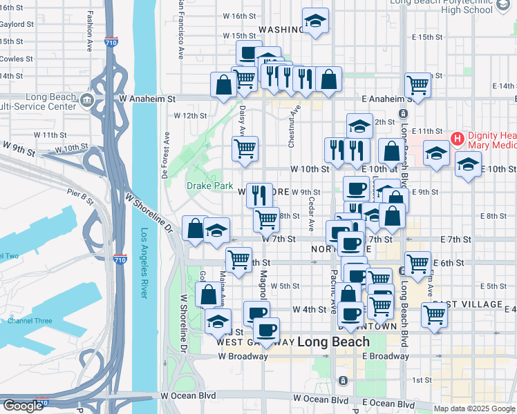 map of restaurants, bars, coffee shops, grocery stores, and more near 817 East Cypress Way in Long Beach