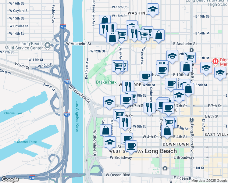 map of restaurants, bars, coffee shops, grocery stores, and more near 824 Nylic Court in Long Beach