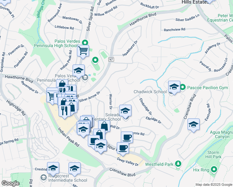 map of restaurants, bars, coffee shops, grocery stores, and more near 27342 Warrior Drive in Rancho Palos Verdes