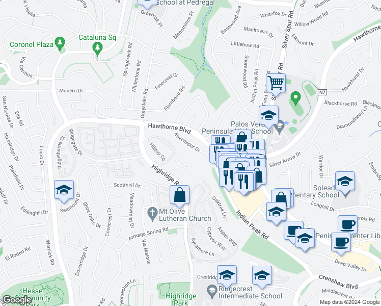 map of restaurants, bars, coffee shops, grocery stores, and more near 99 Hilltop Circle in Rancho Palos Verdes