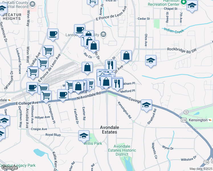 map of restaurants, bars, coffee shops, grocery stores, and more near 10 North Clarendon Avenue in Avondale Estates