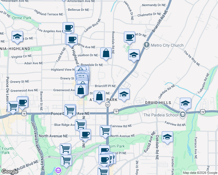 map of restaurants, bars, coffee shops, grocery stores, and more near 1175 Briarcliff Place Northeast in Atlanta