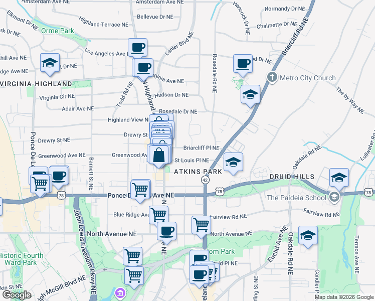 map of restaurants, bars, coffee shops, grocery stores, and more near 1111 Briarcliff Place Northeast in Atlanta
