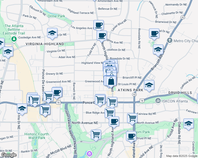 map of restaurants, bars, coffee shops, grocery stores, and more near 1016 Greenwood Avenue Northeast in Atlanta