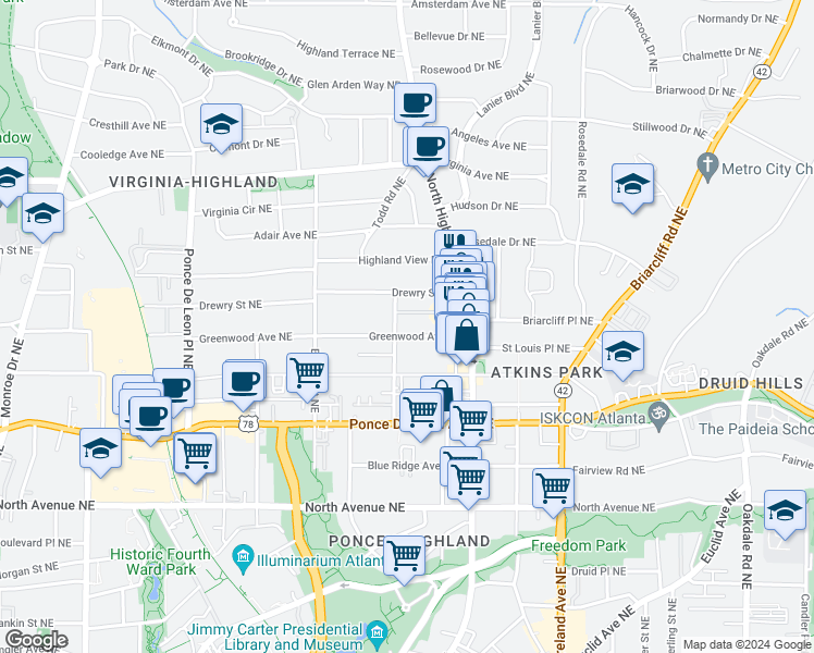 map of restaurants, bars, coffee shops, grocery stores, and more near 974 Greenwood Avenue Northeast in Atlanta