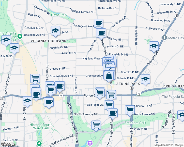 map of restaurants, bars, coffee shops, grocery stores, and more near 974 Greenwood Avenue Northeast in Atlanta