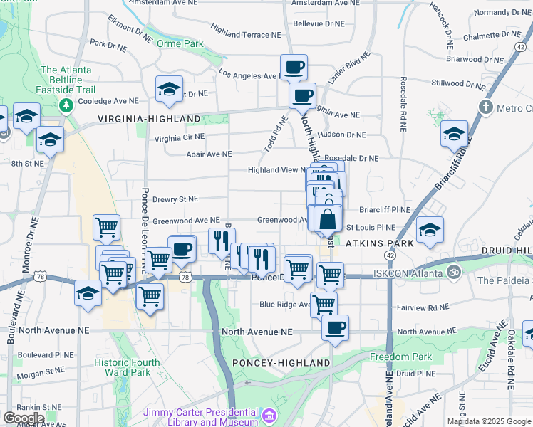 map of restaurants, bars, coffee shops, grocery stores, and more near 926 Greenwood Avenue Northeast in Atlanta