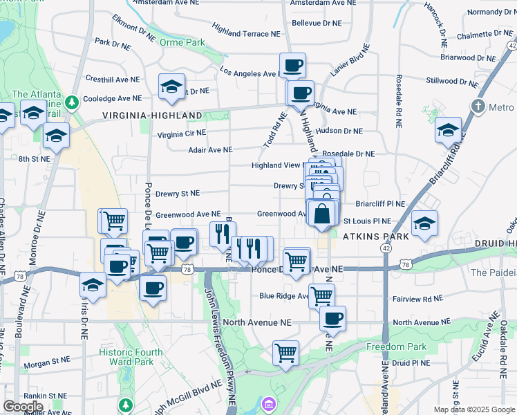 map of restaurants, bars, coffee shops, grocery stores, and more near 926 Greenwood Avenue Northeast in Atlanta