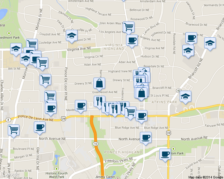 map of restaurants, bars, coffee shops, grocery stores, and more near 926 Greenwood Avenue Northeast in Atlanta
